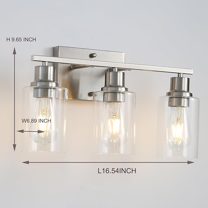 Brushed Nickel Wall Sconces,3-Lights Bathroom Vanity Light Fixtures with Clear Glass Shades, Farmhouse Modern Wall Lighting for Mirror,Bedroom,Living Room