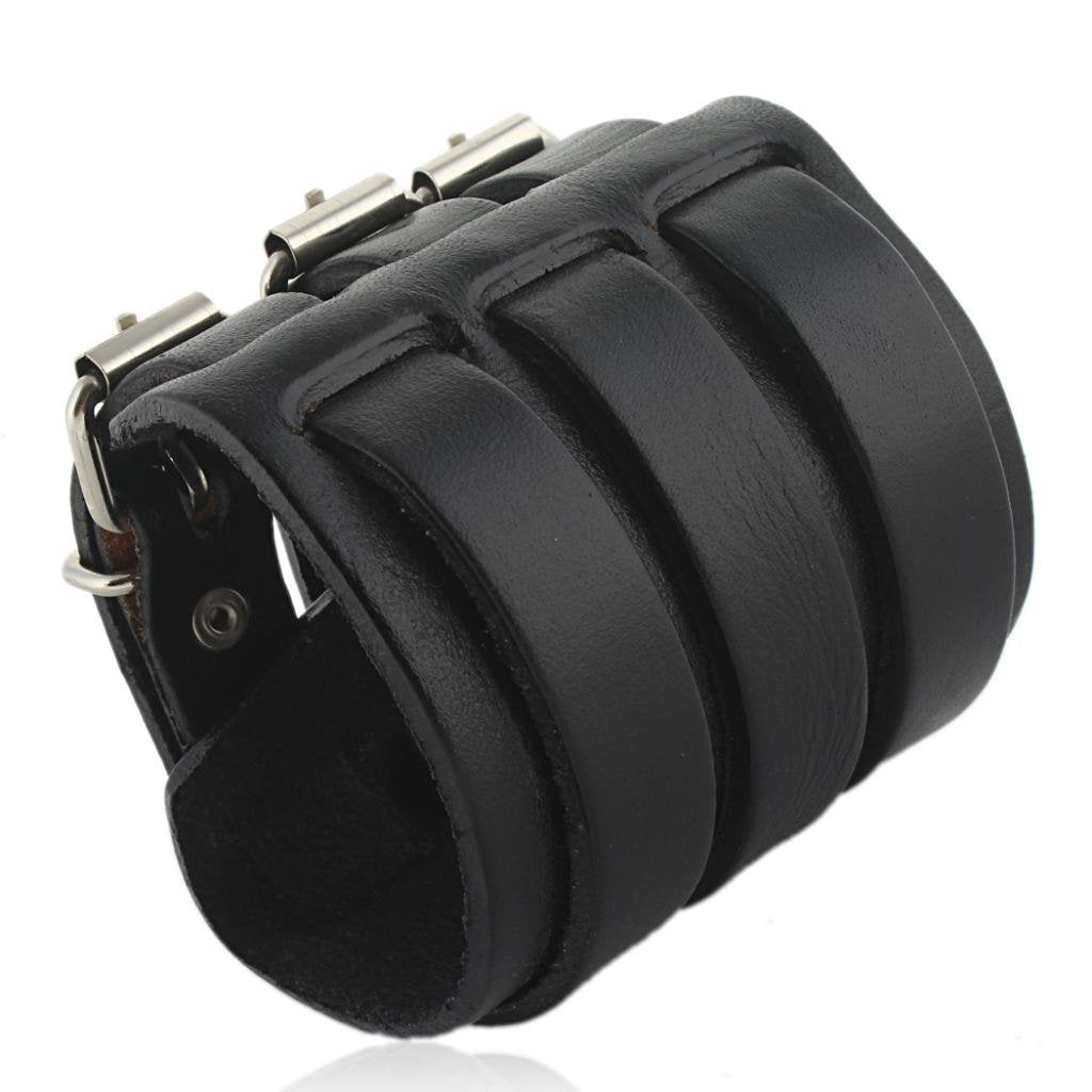 EVER FAITH 3 Layer Wide Belt Synthetic Leather Men Wristband Black Bracelet Unisex Couple