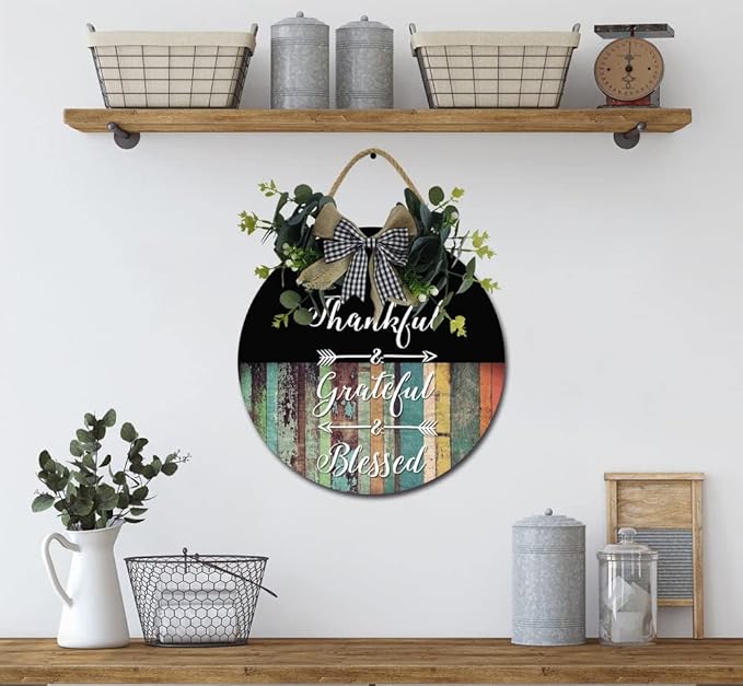 Thankful & Grateful & Blessed Front Door Sign Funny Wreaths Hanging Wooden Plaque Decoration Round Rustic Wood Farmhouse Porch Decor for Home Front Door Decor, 11 x 11 Inch