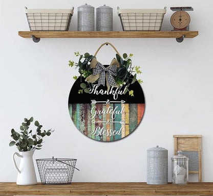 Thankful & Grateful & Blessed Front Door Sign Funny Wreaths Hanging Wooden Plaque Decoration Round Rustic Wood Farmhouse Porch Decor for Home Front Door Decor, 11 x 11 Inch