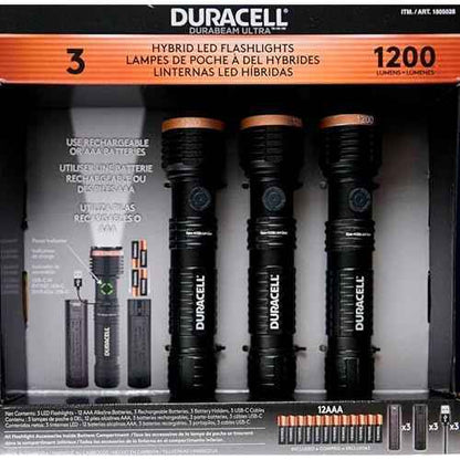 Duracell Durabeam Ultra Hybrid LED Flashlights, 1200 Lumens, Set of 3, with Rechargeable and AAA Alkaline Batteries