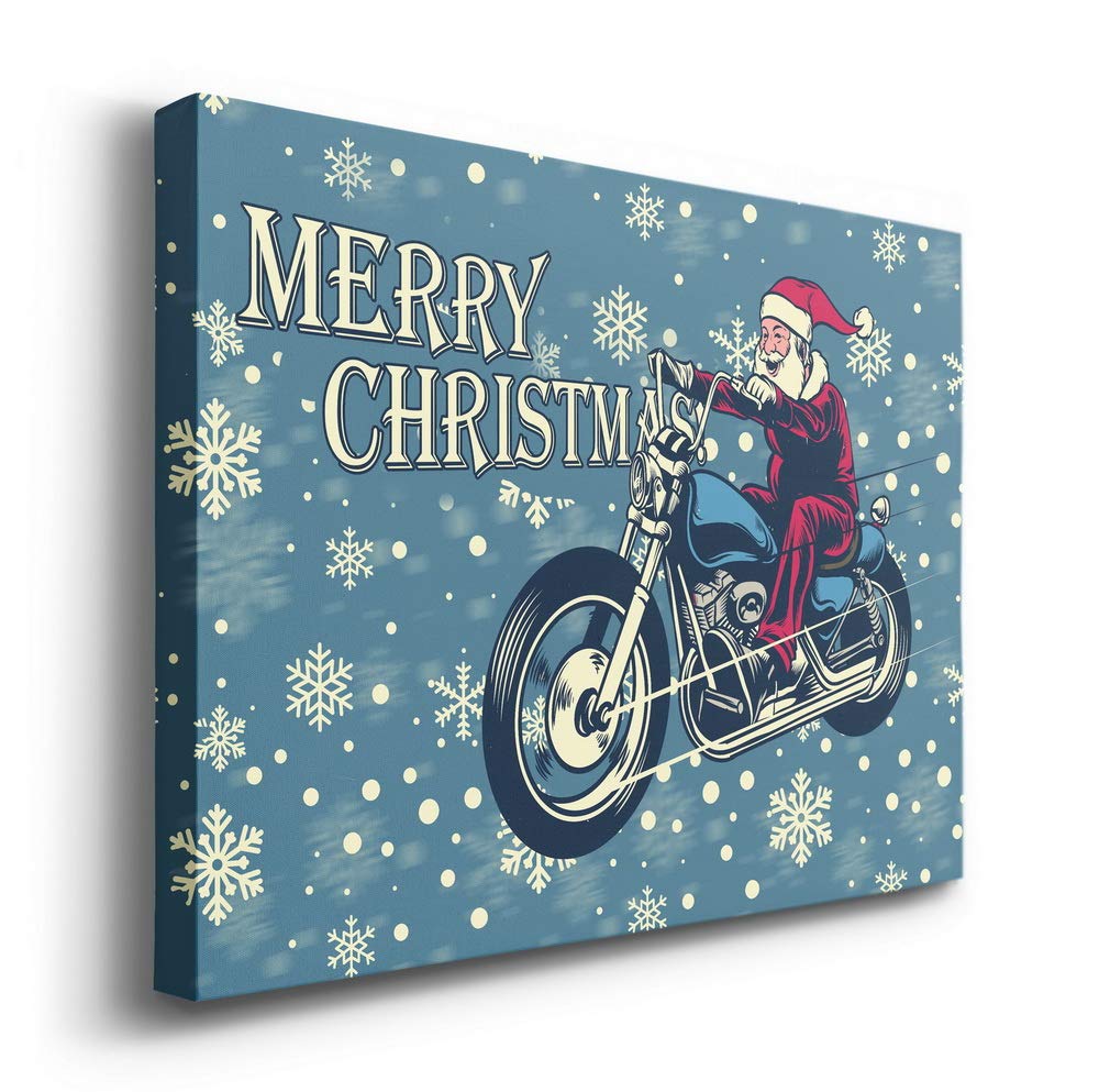 Renditions Gallery Motorcycle Santa Wall Art, Dark Blue, White Snowflake Design, Funny Christmas Decorations, Premium Gallery Wrapped Canvas Decor, Ready to Hang, 8 in H x 12 in W, Made in America