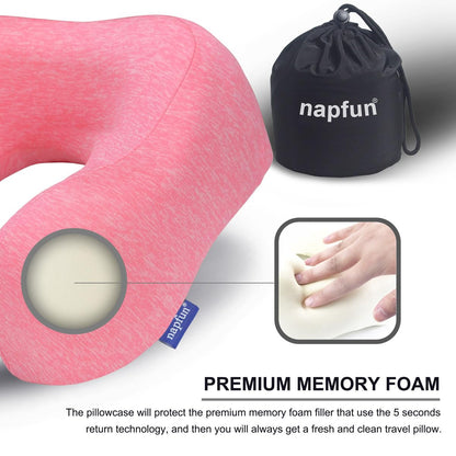 napfun Neck Pillow for Traveling, Upgraded Travel Neck Pillow for Airplane 100% Pure Memory Foam Travel Pillow for Flight Headrest Sleep, Portable Plane Accessories, Light Grey