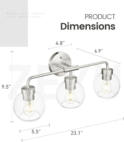 zeyu 23 Inch Bathroom Wall Light Fixtures, 3-Light Vanity Lighting Fixture, Brushed Nickel Finish with Clear Glass Globe Shade, ZS62BG-3W BN
