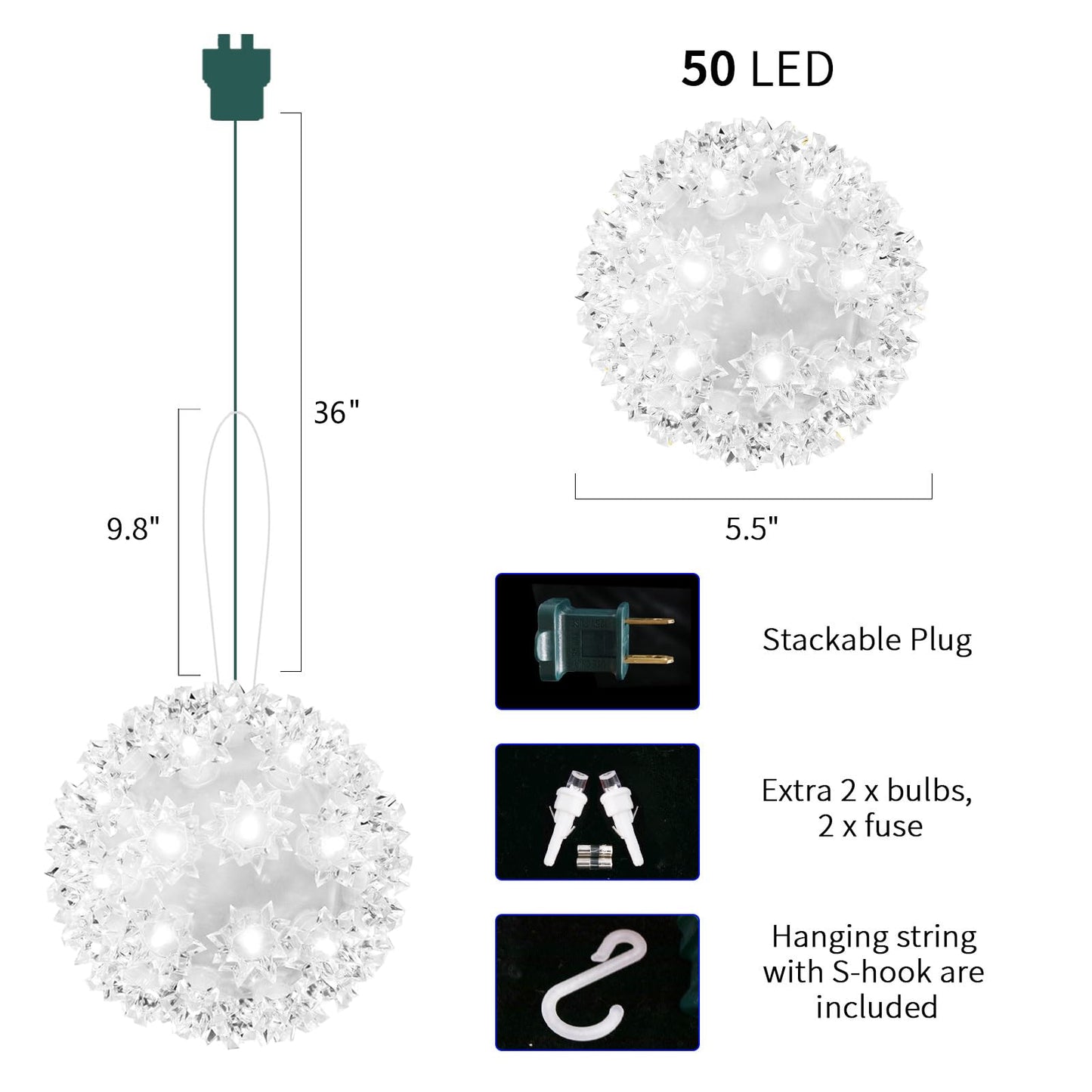 Christmas Lights Ball 5.5" Sparkling Outdoor Hanging Sphere Lights Twinkling Lights 50 LED Starlight Sphere Soft Twinke Lighted Ball Hanging Lights for Tree Porch Decorations, Cool White - Twinkling