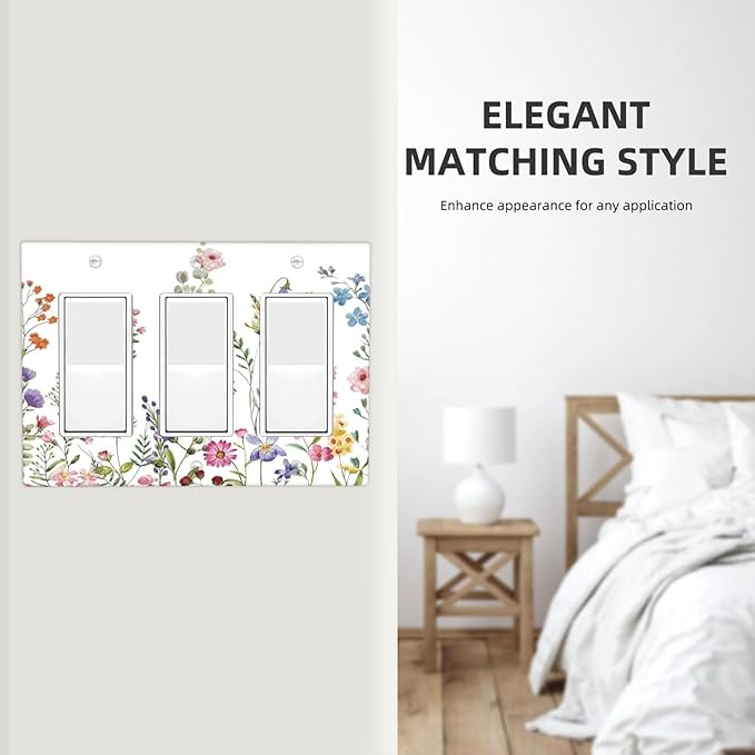 Rustic Wild Floral Vintage Watercolor Flower Triple Rocker/Decora Wall Plate 3 Gang Light Switch Outlet Cover Plate Decorative Switchplate Electrical GFCI Faceplate for Kitchen Bedroom Decor