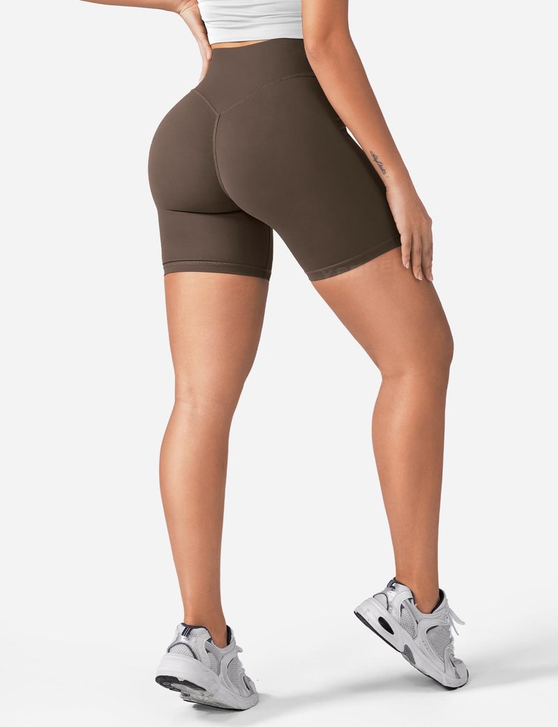 YEOREO Women's Biker Shorts 4.5" / 6" Workout Gym Shorts Craze High Waist Tummy Control Hidden Scrunch Running Yoga Coffee M