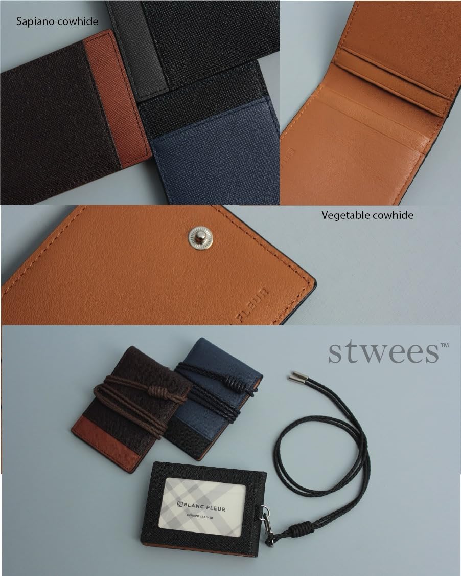 stwees Slim Leather Lanyard Wallet, Folding Card Holder with Snap Button, ID Badge Neck Wallet Set (Two-Tone, Brown)