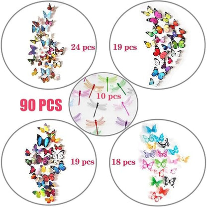 90 PCS Butterfly Wall Decor, Plastic Butterflies Sticker Waterproof Removable Reusable Mural Wall Decals for Home Room Bedroom Nursery Party Decorations