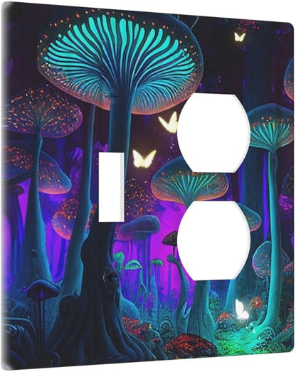 Decorative Light Switch Cover Plate Fantasy Mushroom Forest Glowing Butterfly 2 Gang Outlet Covers 1 Toggle 1 Duplex Wall Plate Decorate Electrical Switch Plate Covers for Bathroom Home Decor