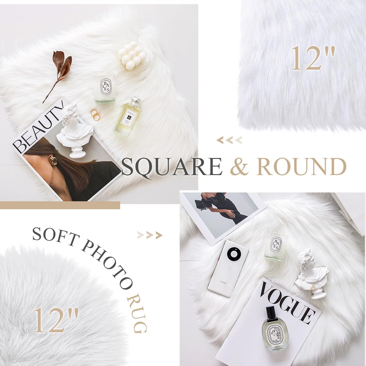 Dxmimer 2Pack 12 Inches Mini Faux Fur Rug,Soft Fluffy Plush Area Rug Chair Cover Seat Pad Nail Mat,Locker Rug,White Photo Props Background for Tabletop Photography, Jewelry, Nail Art, Home Decor