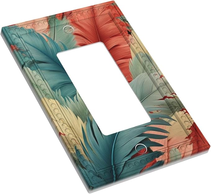 Colorful Feathers Blue Red Single Decora Outlet Wall Plate 1 Gang Rocker Decorative Switchplate Faceplate GFCI Light Switch Covers for Home Living Decor