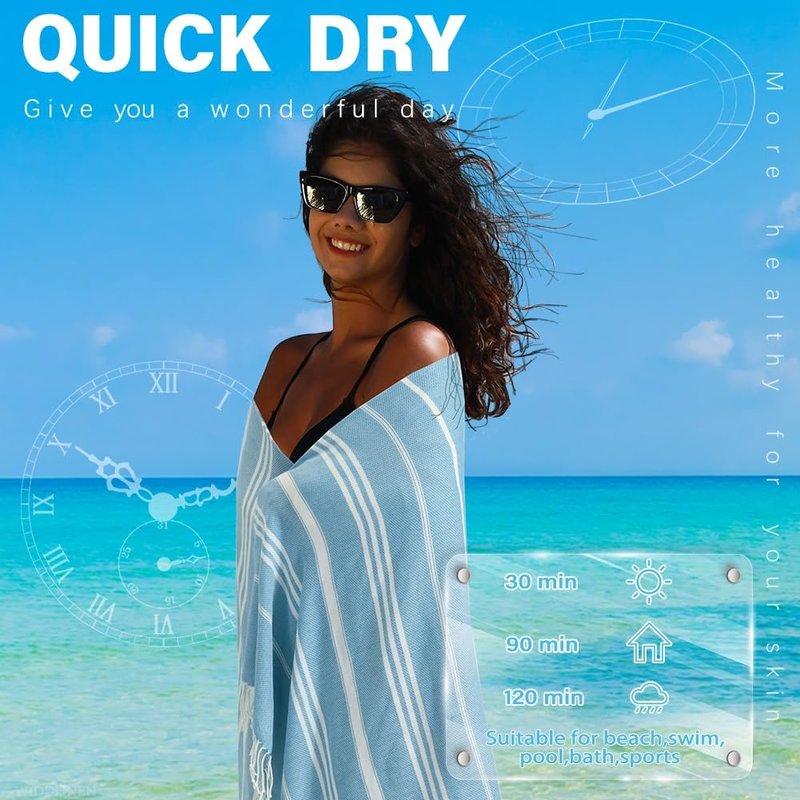 Thin Turkish Beach Towel - Lightweight Quick-Dry Cotton | Extra Large Sand-Free Bath & Pool Accessory