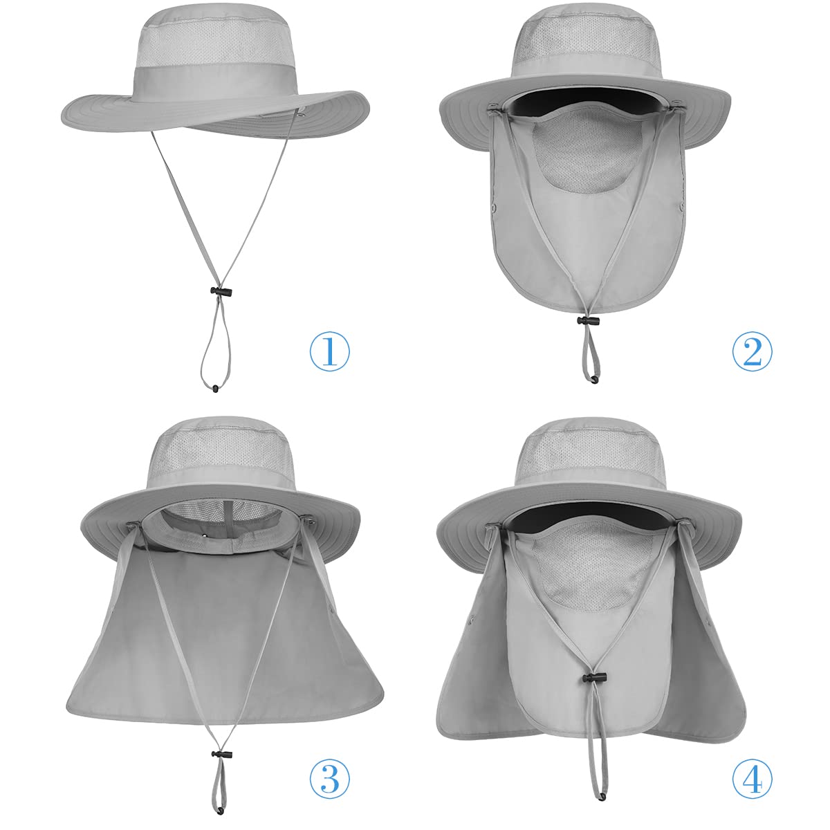 3 Pack Mens Outdoor Wide Brim Fishing Hat,UPF 50+ Sun Protection Cap with Face Neck Flap for Hiking & Garden