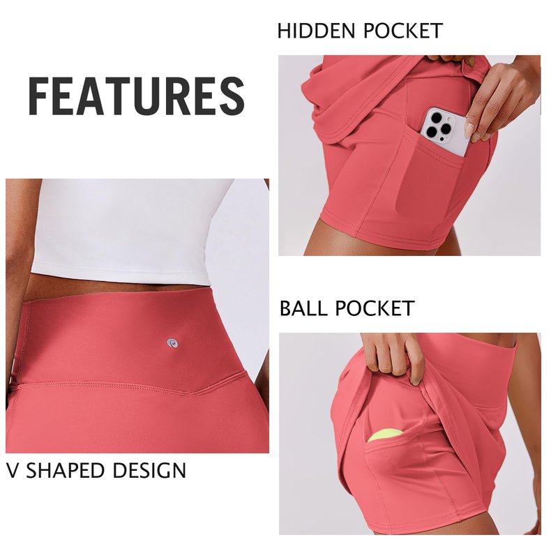 PINSPARK Women Tennis Skirts with Pockets Tummy Control Active Skorts A Line Workout Golf Skirts V-Waisted, Gloss Pink Small
