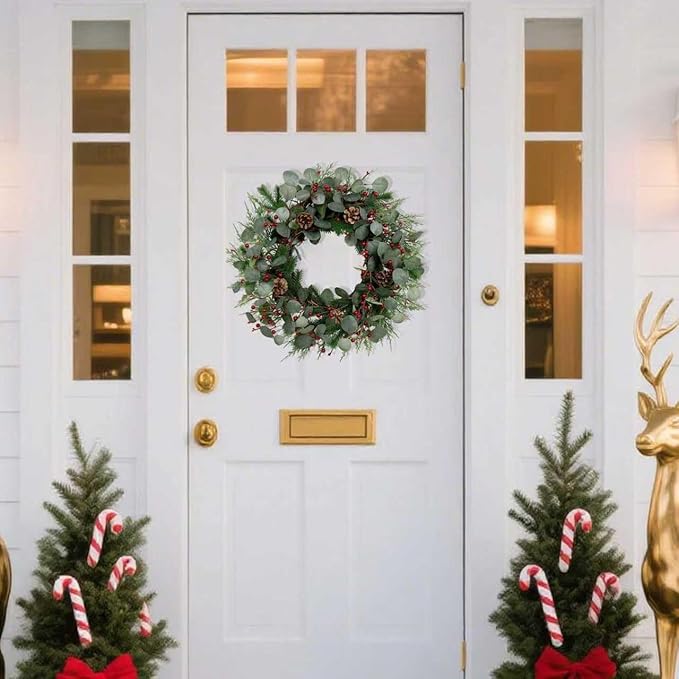 Christmas Wreath 24inch Christmas Wreaths for Front Door Xmas Red Berry Wreath with Eucalyptus Leaves Pine Cones Red Berries for Wall Window Indoor Outdoor Winter Decorations