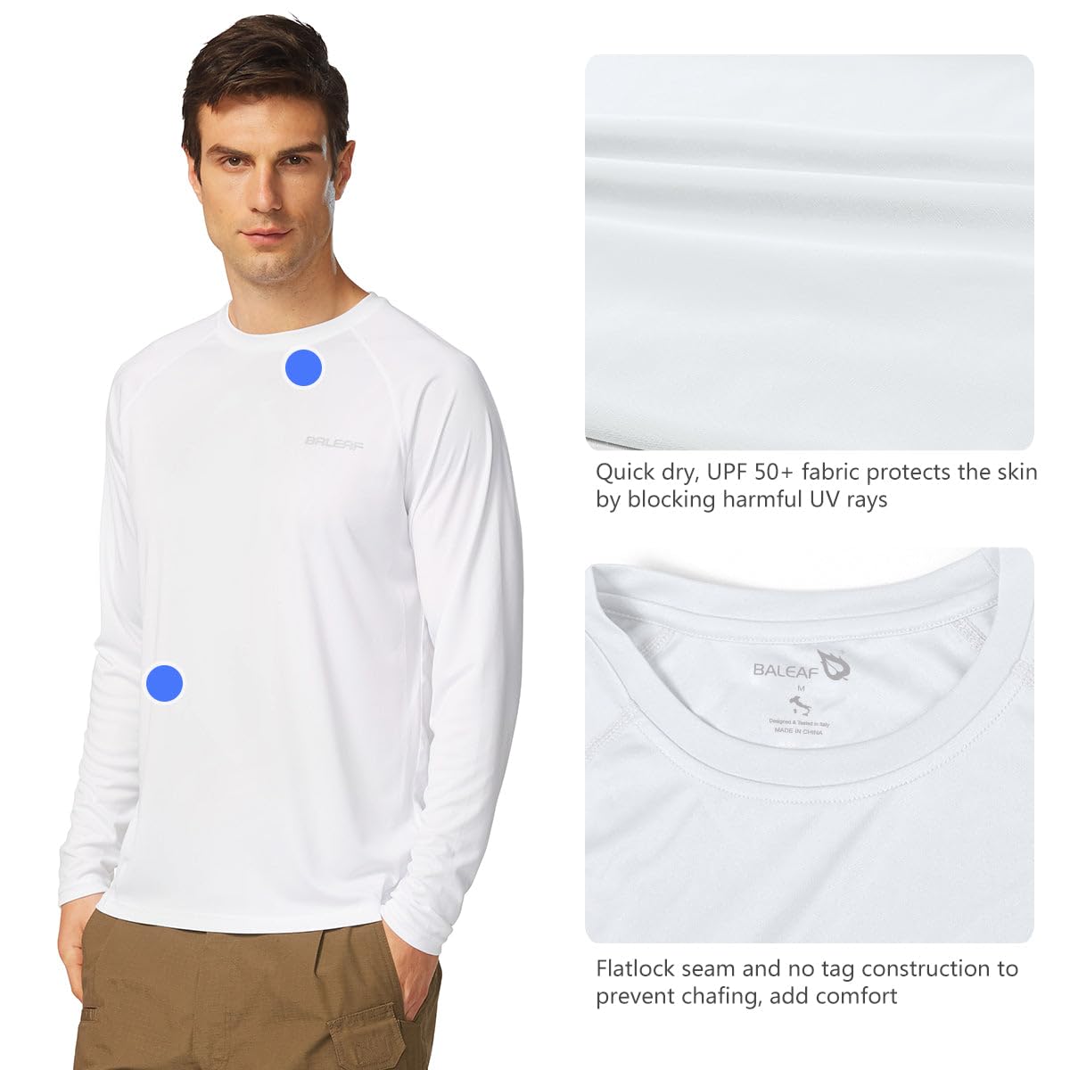 baleaf Mens UPF 50+ Sun Protection Shirts Long Sleeve Rash Guard, Quick Dry 4-Way Stretch for Fishing Swimming Surfing 01-White XL