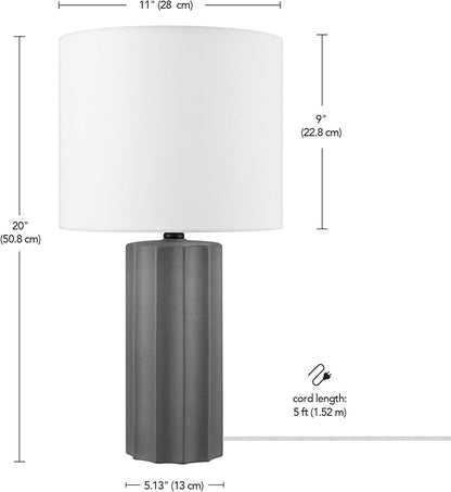 GLOBE Electric 61000061 20" Ribbed Ceramic Table Lamp, Dark Gray Concrete Finish, White Linen Shade, On/Off Rotary Switch on Socket, for Living Room, Bedroom, Office, Home Décor