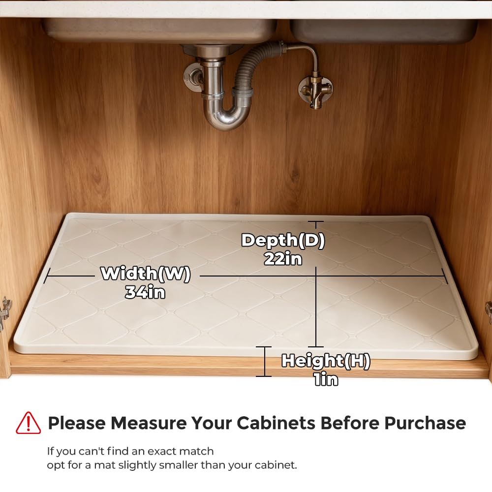HDFAZHM 34" x 22" Under Sink Liner and Protector for Bottom of Kitchen Sink Beige, Waterproof Under-Sink Organizers Sink Mat Protectors, Flexible Silicone Drip Tray Pet Food Mats