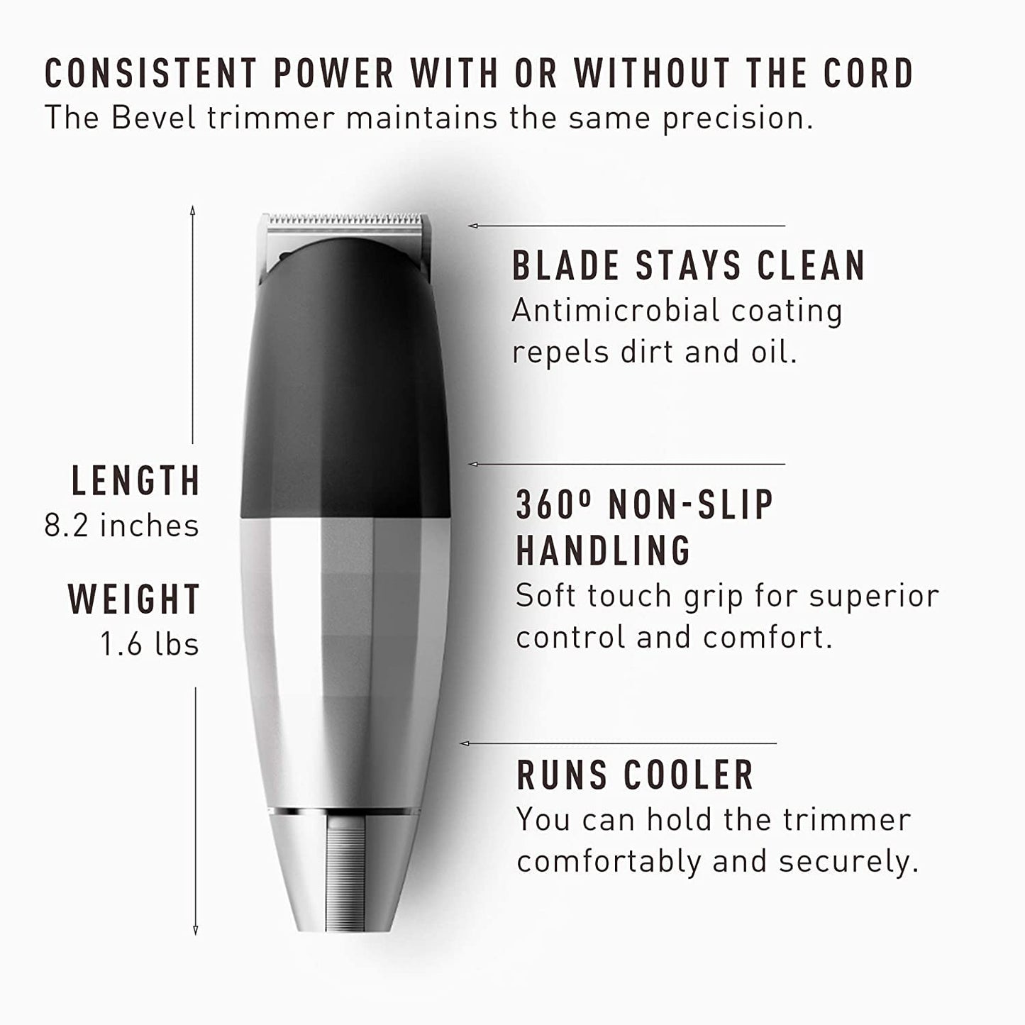 Bevel Beard Trimmer for Men - Black Edition Cordless Trimmer, 8 Hour Rechargeable Battery Life, Tool Free Adjustable Zero Gapped Blade, Barber Supplies, Mustache Trimmer