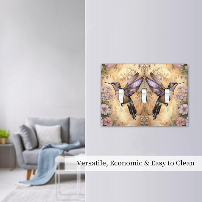 Decorative Art Light Switch Covers Blossom & Hummingbird 3 Gang Triple Toggle Wall Plate Decorative Switch plate Electrical Faceplate for Home Decor