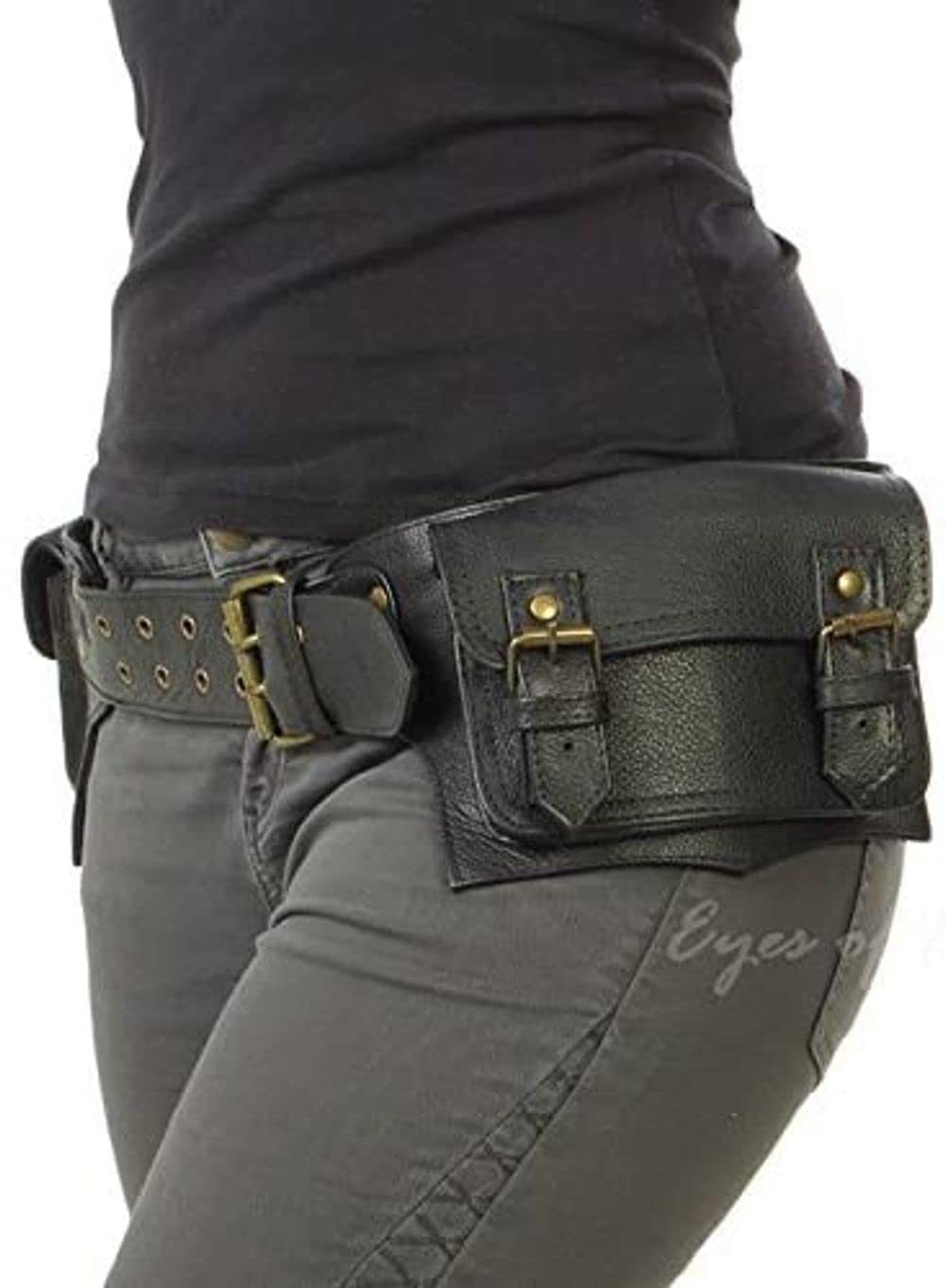 Mens Boys Vintage Leather Messenger Belt Sling Leather Utility Pouch Fanny Pack Messenger Waist Belt Gift for Men & Women (Black)