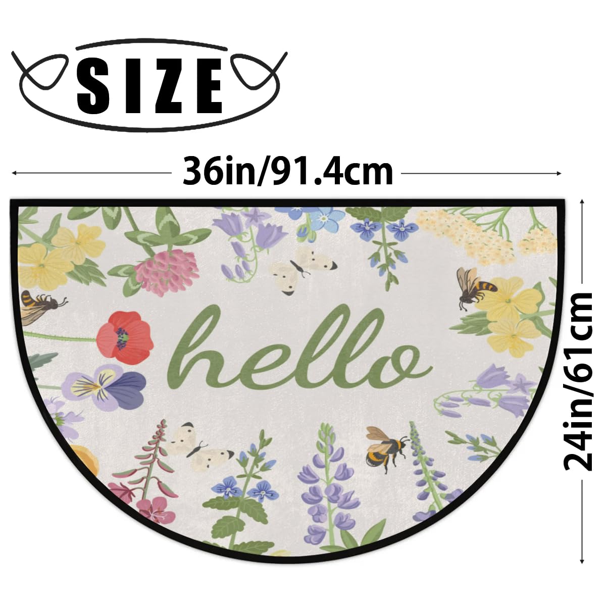 Half Round Door Mat,Hello Floral Non Slip Absorbent Entrance Doormat,Spring Flower Welcome Mat for Front Door,Low-Profile Semi Circle Floor Mats Area Rugs for Home Kitchen Garage Patio,36" x 24"