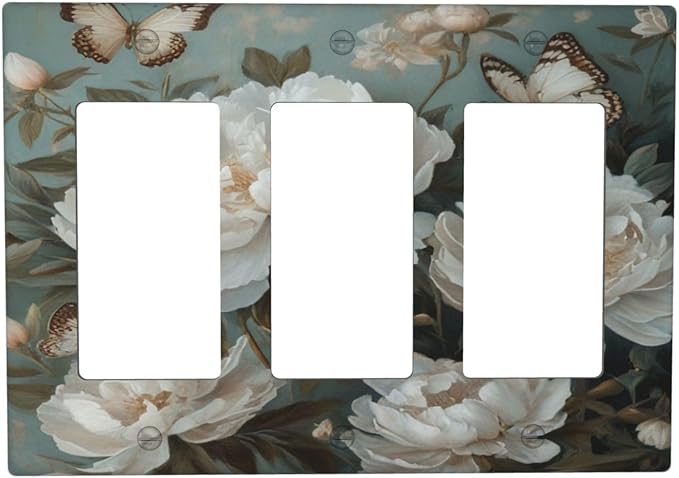 Decorative Art Light Switch Covers Butterflies & Peonies 3 Gang Triple Rocker Outlet Switch plate GFCI Faceplate GFCI for Home Decor