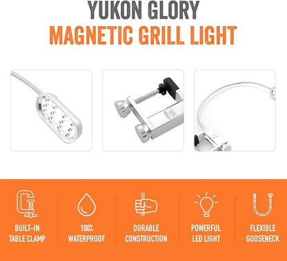 Yukon Glory™ Bright and Durable Magnetic LED Grill Light for Grilling and BBQ, Attaches Magnetically or with Built in Clamp, Long Flexible Gooseneck, Perfect for Blackstone Grills