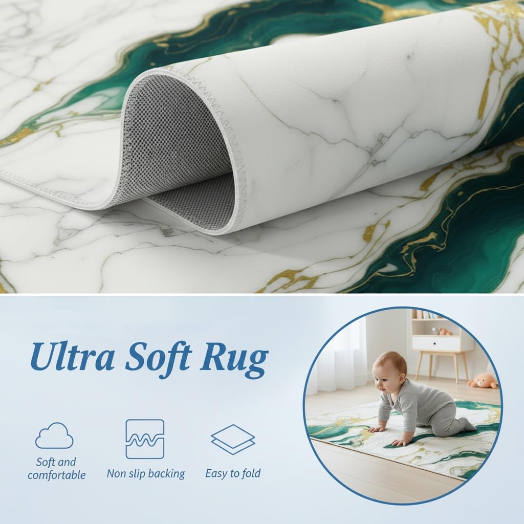 Marble Swirl Modern Abstract Emerald Green Grey Gold Area Rug for Living Room Bedroom Ultra Soft Wool Carpet Under Dining Table Lux Aesthetic Home Office Carpets 5x7