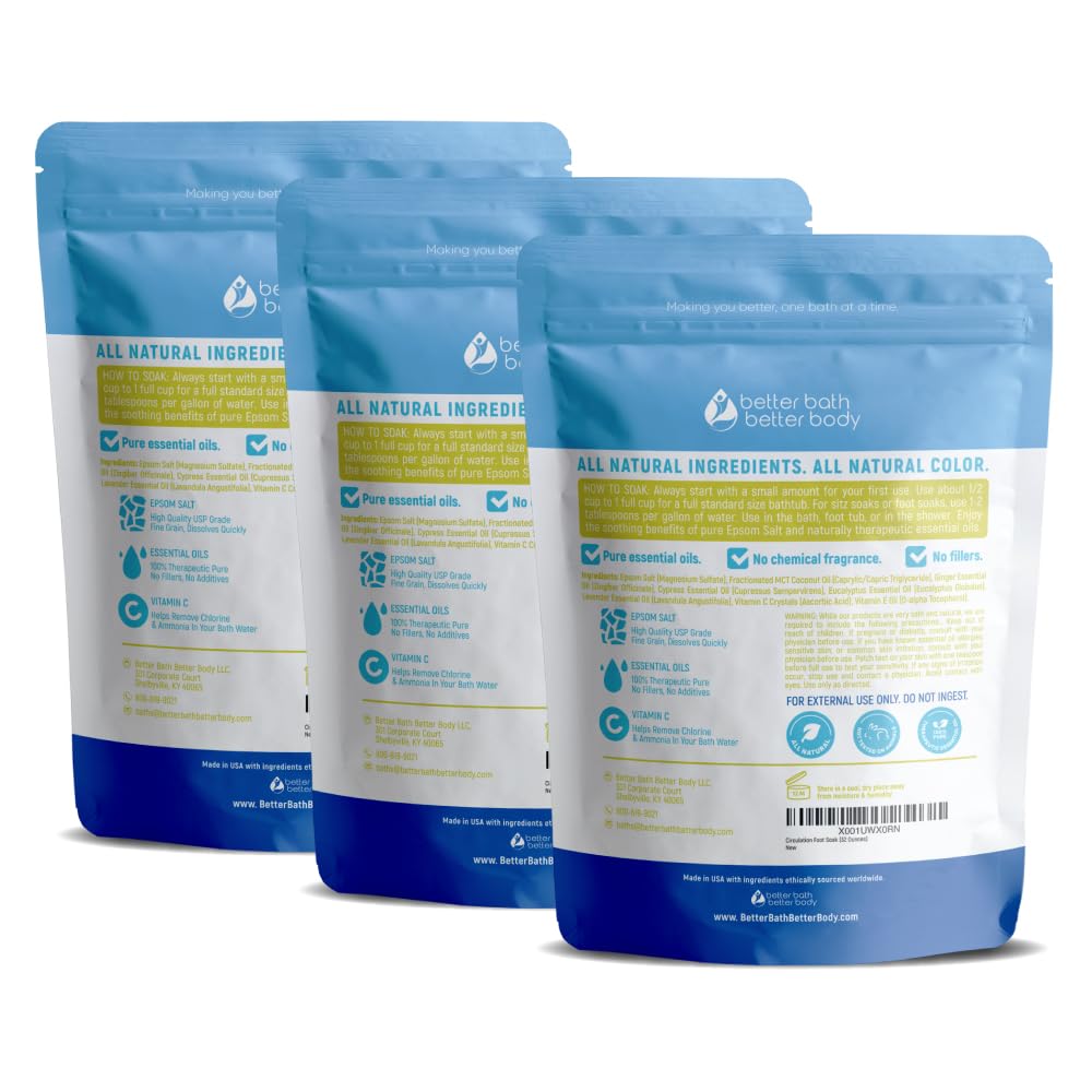 Circulation Foot Soak 32 Ounces (2 Lbs) Epsom Salt with Pure Essential Oils Ginger and Cypress Essential Oils Plus Vitamin C in BPA Free Pouch with Easy Press Lock Seal