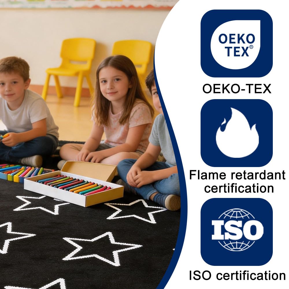 MAISONRINA Large Black and White Classroom Rug Elementary with Seating Spots, Stars Classroom Rugs for Preschool Nursery Daycare, Educational Kids Carpet for Kindergarten, 13'x7'7'' Seats 24(Black)