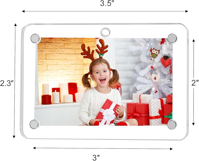 Christmas Photo Ornament Set of 4, 3x2 Inch Clear Acrylic Hanging Picture Frame for Family Photo, Christmas Tree, Holiday Decoration, Multifunctional Magnetic Picture Frames for Car and Fridge Decor