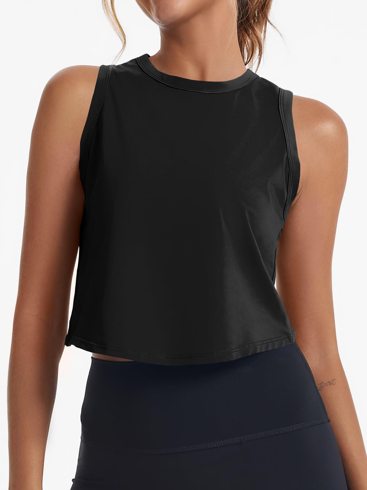 Fisoew Womens Workout Cropped Tank Tops Racerback Sleeveless Crewneck Running Yoga Active Shirts Black