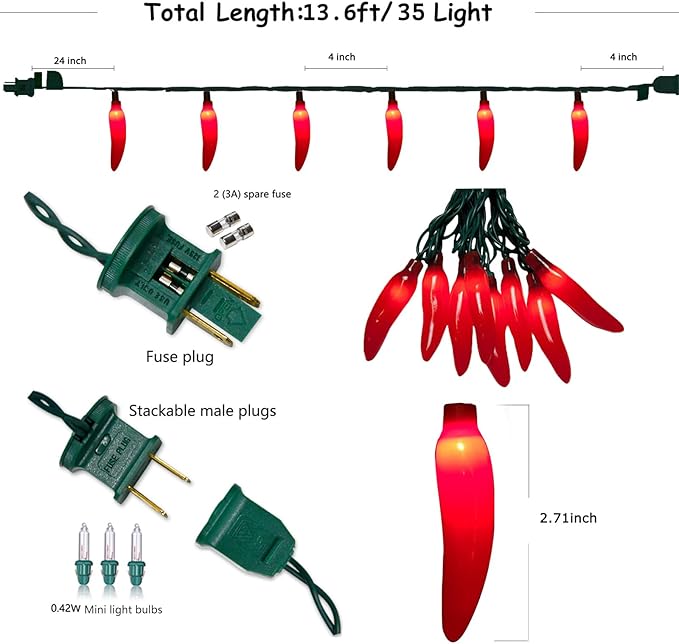 13.6FT Chili Pepper String Lights with 37 Mini Red Chili Lights(2 Spare),Chili Pepper Christmas Incandescent Hanging Lights for Indoor Outdoor Patio Kitchen Mexican Christmas Decorations