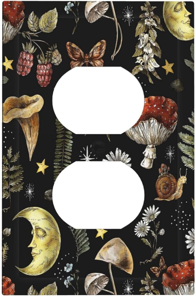 Nature Plant Botanical Daisy Mushroom Snails And Moon 1 Gang Duplex Receptacle Switch Wall Plate Decorative Switchplate Outlet Covers Electrical Plug Cover Faceplate for Home Decor
