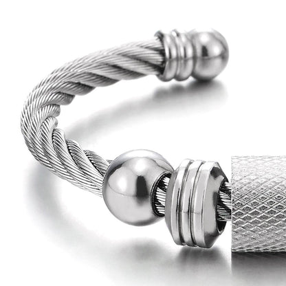 COOLSTEELANDBEYOND Steel Twisted Cable Cuff Bangle Bracelet for Men Women with Beads Charms, Polished Adjustable