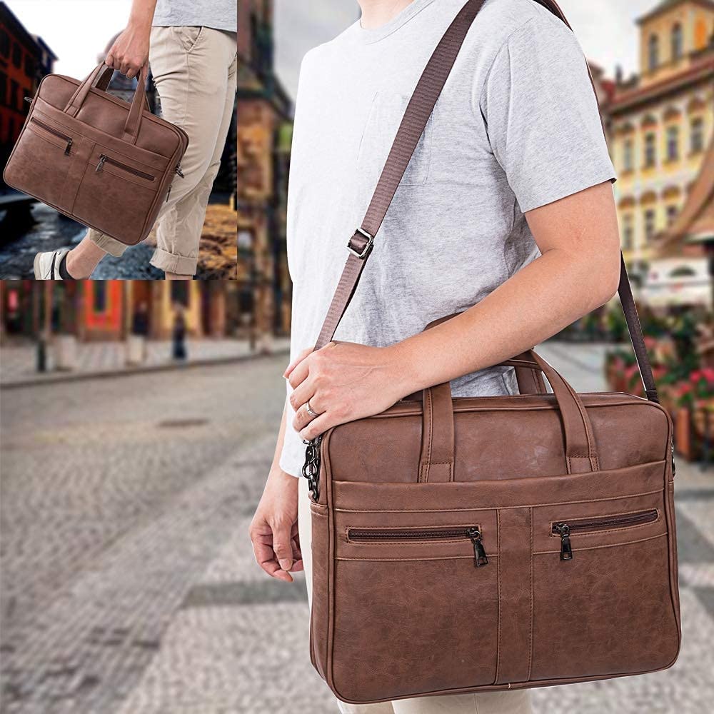 seyfocnia Men's Leather Messenger Bag, 17.3 Inches Laptop Briefcase Business Satchel Computer Handbag Shoulder Bag for Men-Brown