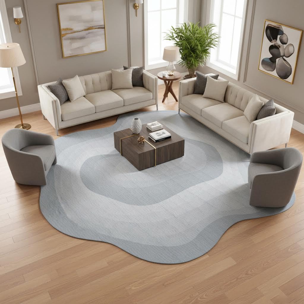 Irregular Rug 5ft Light Grey Ombre Abstract Texture Modern Washable Area Rugs for Living Room Bedroom Dining Room Ultra Round Large Carpet Odd Shaped Home Office Nursery Room Artistic Home Deco