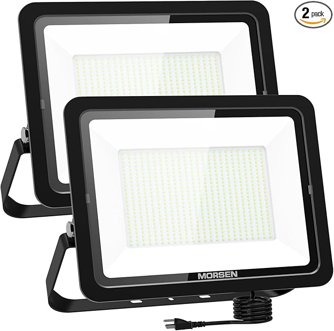 MORSEN 500W Flood Light Outdoor Plug in - 50000LM 5000K LED Flood Light, IP66 Waterproof, UL Listed Daylight Security Lights for Garden, Yard, Garage, Stadium, 2 Pack