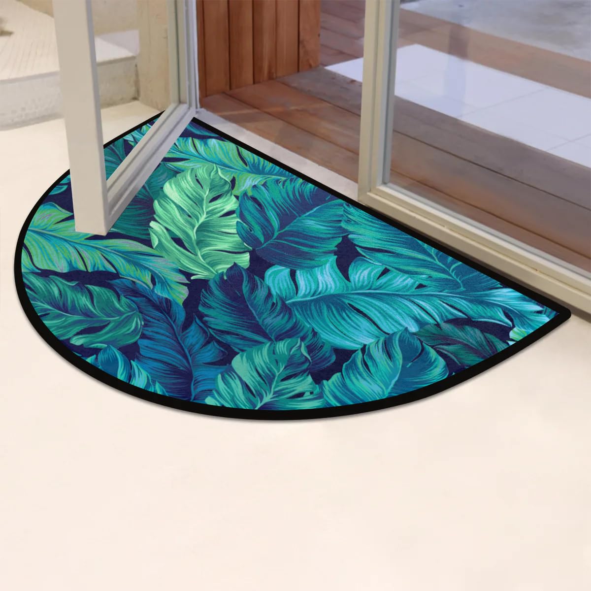 Tropical Palm Leaf Half Round Door Mat - Non-Slip Washable Half Circle Area Rug,Plant Jungle Half Moon Rugs for Outdoor and Indoor Home Entrance, Bedroom, Living Room Semi Circle Doormat 36*24in