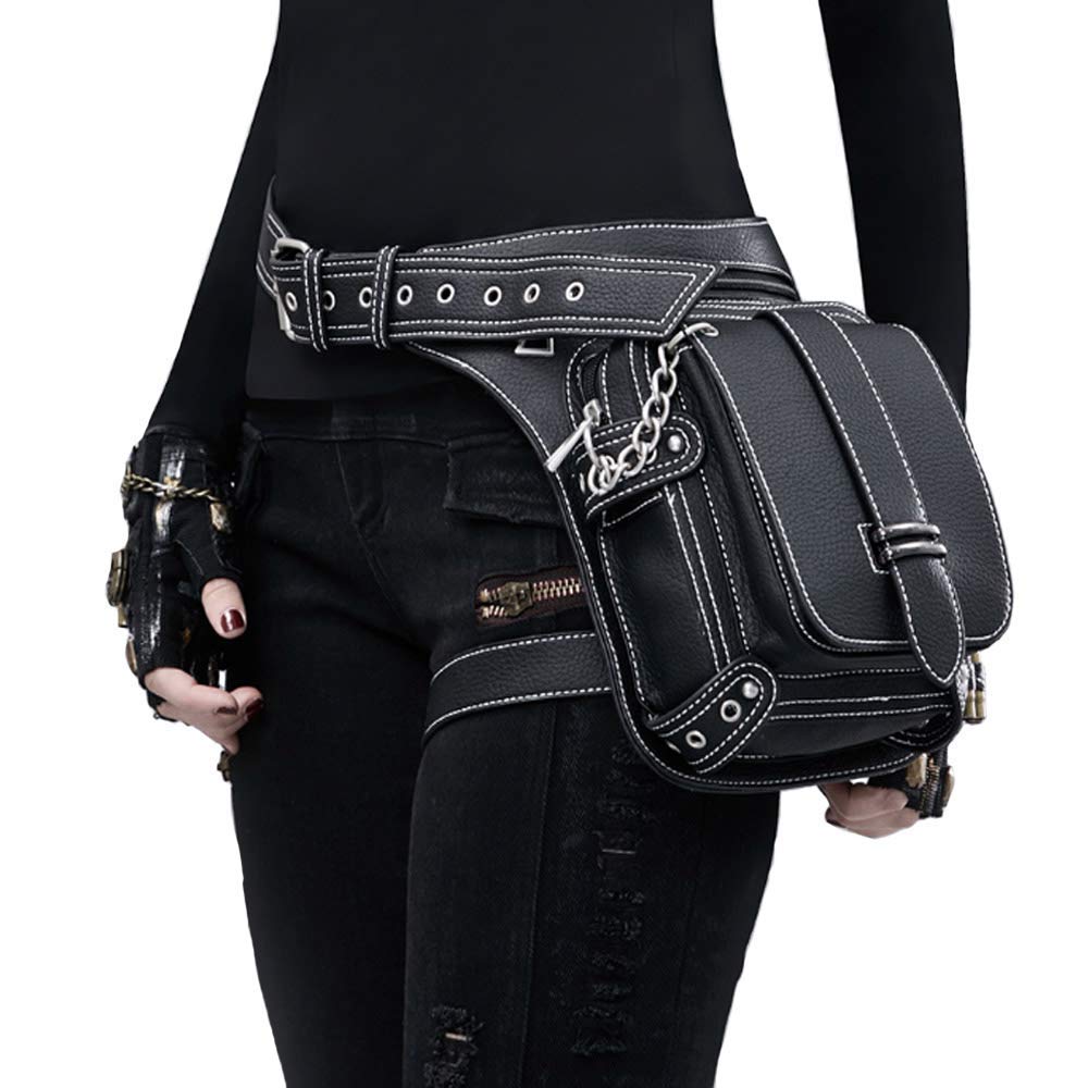 Steampunk Waist Bag Fanny Pack Fashion Gothic Leather Shoulder Crossbody Messenger Bags Thigh Leg Hip Holster Purse Travel Pouch Hiking Sport Chain Bags for Women Men