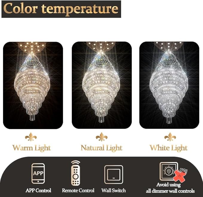 Flashing God D40''X H110'' High Ceiling Big Chandelier Crystal Raindrop Gold Chandeliers Staircase Large Chandelier Entrance Foyer High Ceiling Lighting Include 15 LED Bulbs Dimmable 2700K-4500K-6000K