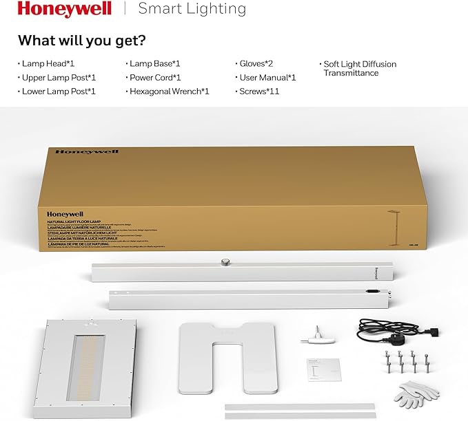 Honeywell 16000LM LED Floor Lamp, 02E Max Sunturalux Eye-Caring Reading Standing Light, 155W Modern Natural Daylight 4000K Dimmable 77" Tall Floor Lamps for Living Room Kids Study Home Office