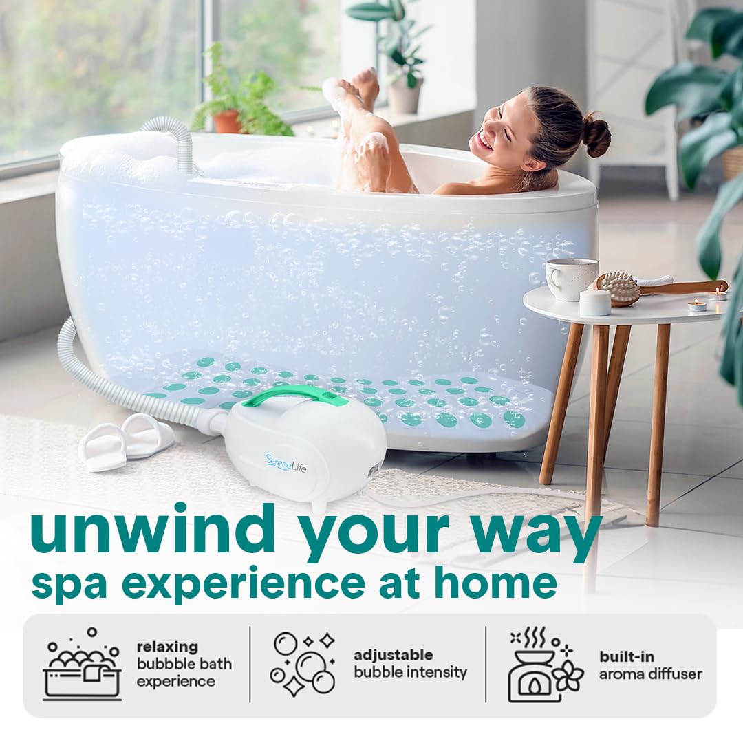 SereneLife Bubble Bath Mat - Portable Spa Bubble Bath Massager with Waterproof Bath Light & Pillow, Adjustable Bubble Intensity, Easy Button Control, Remote Control