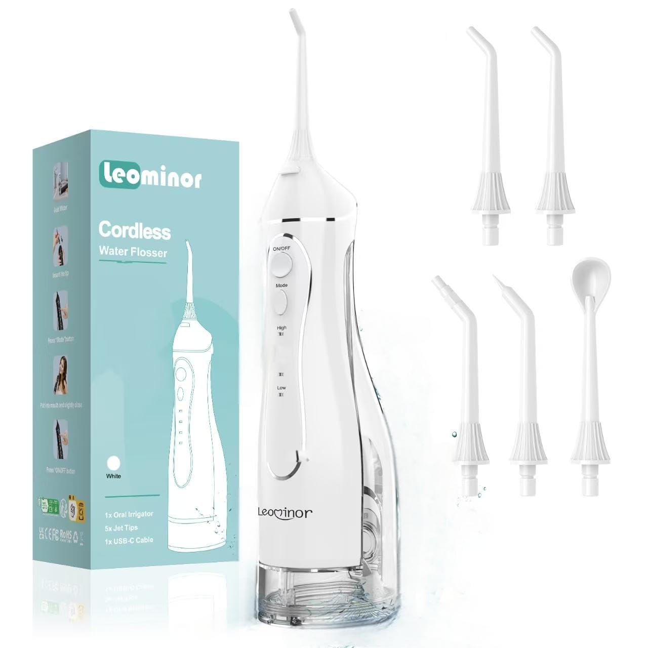Leominor Water Flosser Pick for Teeth, 300ML Portable Oral Irrigator Upgraded Tank Removable,IPX7 Waterproof, Rechargeable Travel Teeth Cleaner, Professional Electric Flossing Machine (Pink)