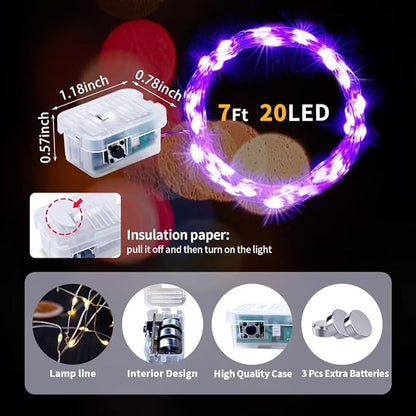 pozzolanas 24 Pack Purple Fairy Lights Battery Operated 3 Modes 7FT 20 LED Waterproof String Lights Twinkle Silver Wire for Mason Jars Wedding Christmas Halloween Party Decor (24, Purple)