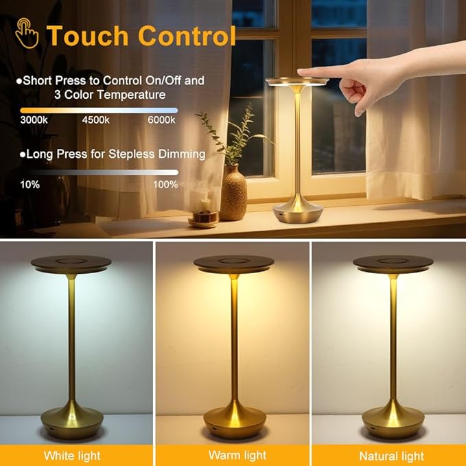 Rechargeable Cordless Table Lamp,Portable Outdoor 6000mAh Battery Operated LED Table Light Touch Control 3 Color Dimmable for Bedroom,Patio,Cofee,Camping,Dining,Restaurant&Livingroom-Gold