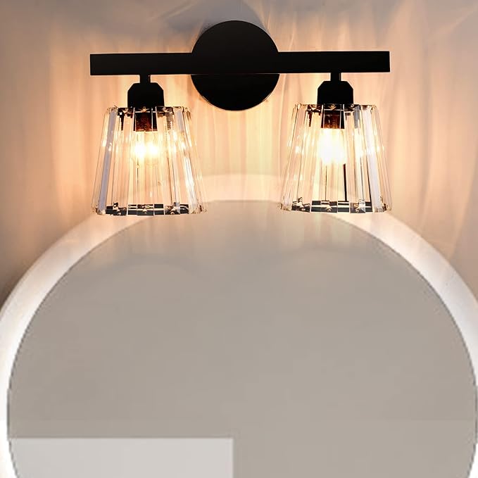TISLYCO 2 Lights Sconces Wall Decor, Modern Vanity Light Fixture Over Mirror, Black Crystal Wall Sconce for Hallway Entryway Restroom, 2 Lights Bathroom sconces