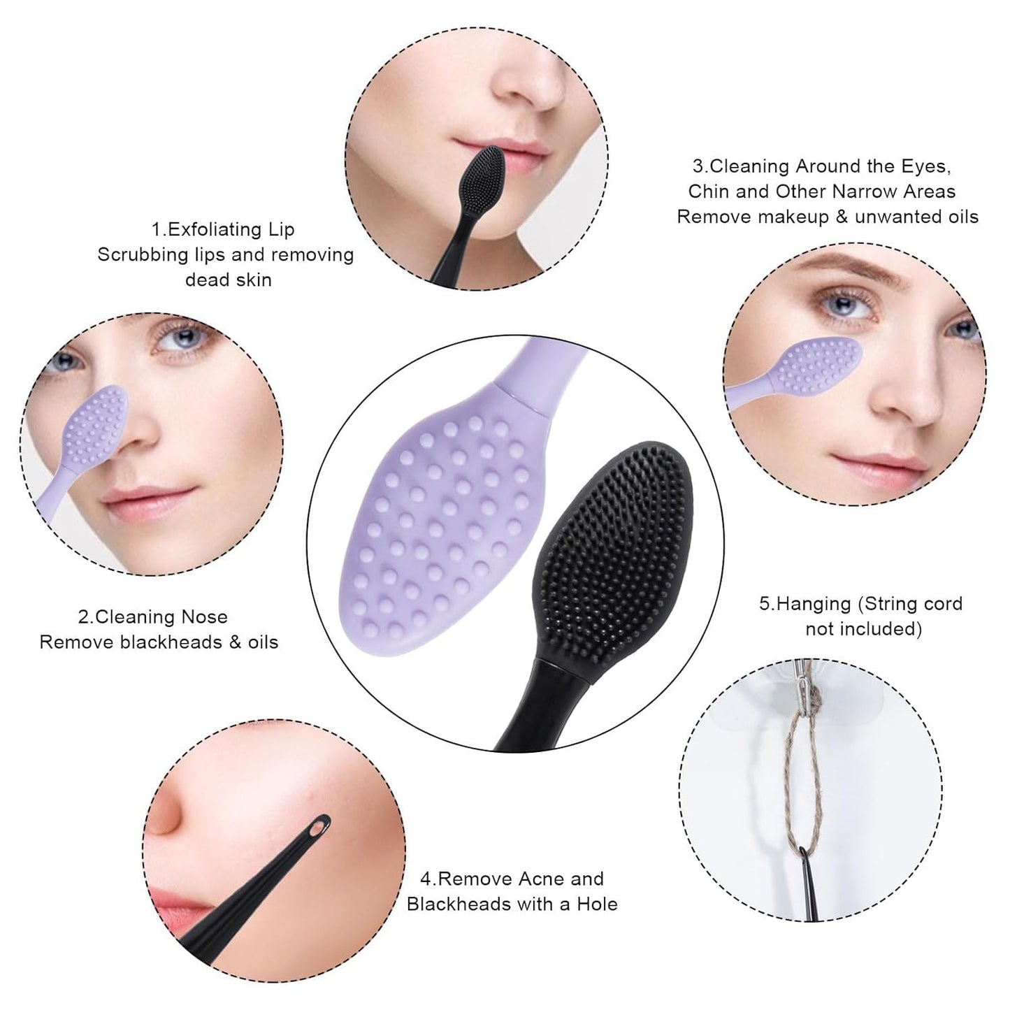Silicone Facial Cleansing Brush 3 Pack, Beomeen 4 in 1 Handheld Face Scrubber for Deep Gentle Exfoliating, Double-Ended Face Wash Scrub Brush for Face Skincare and Massage (Green)
